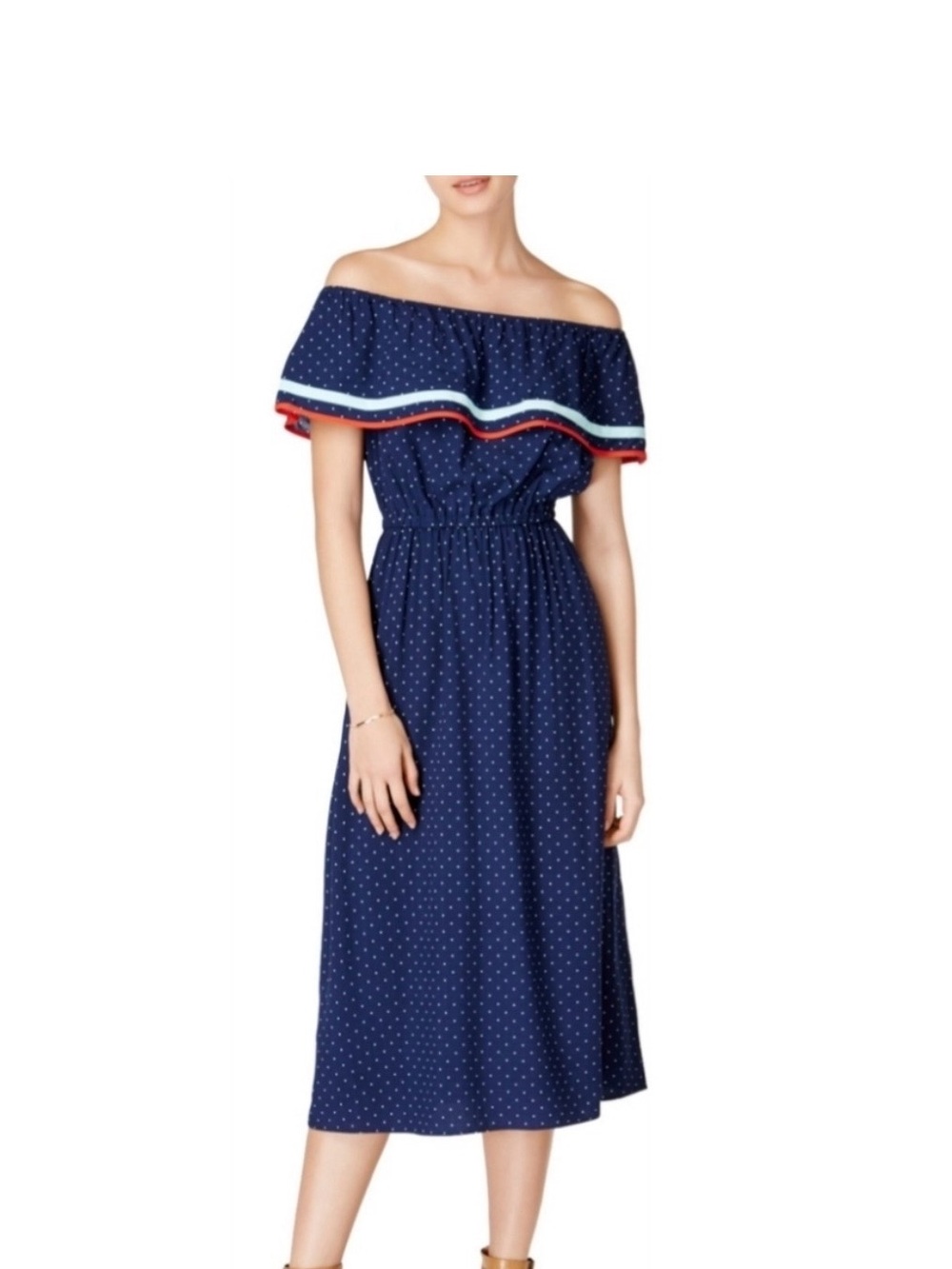 NWT Maison Jules Off-Shoulder Navy Polka Dot Midi Dress with Stripe Ruffle